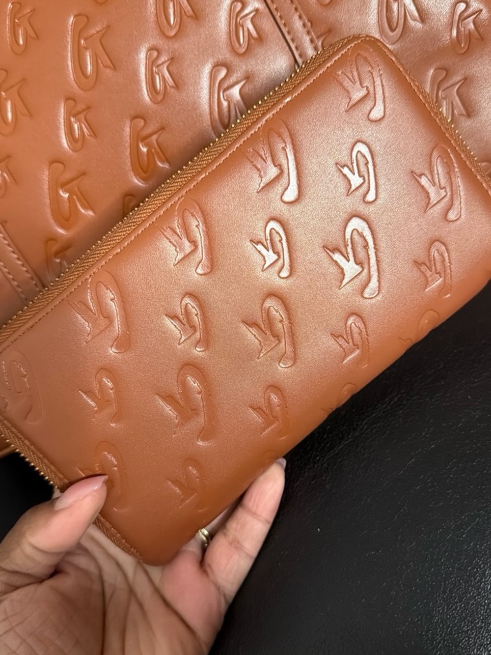 Embossed Leather Tote and Wallet Set - Brown - Picture 2 of 3